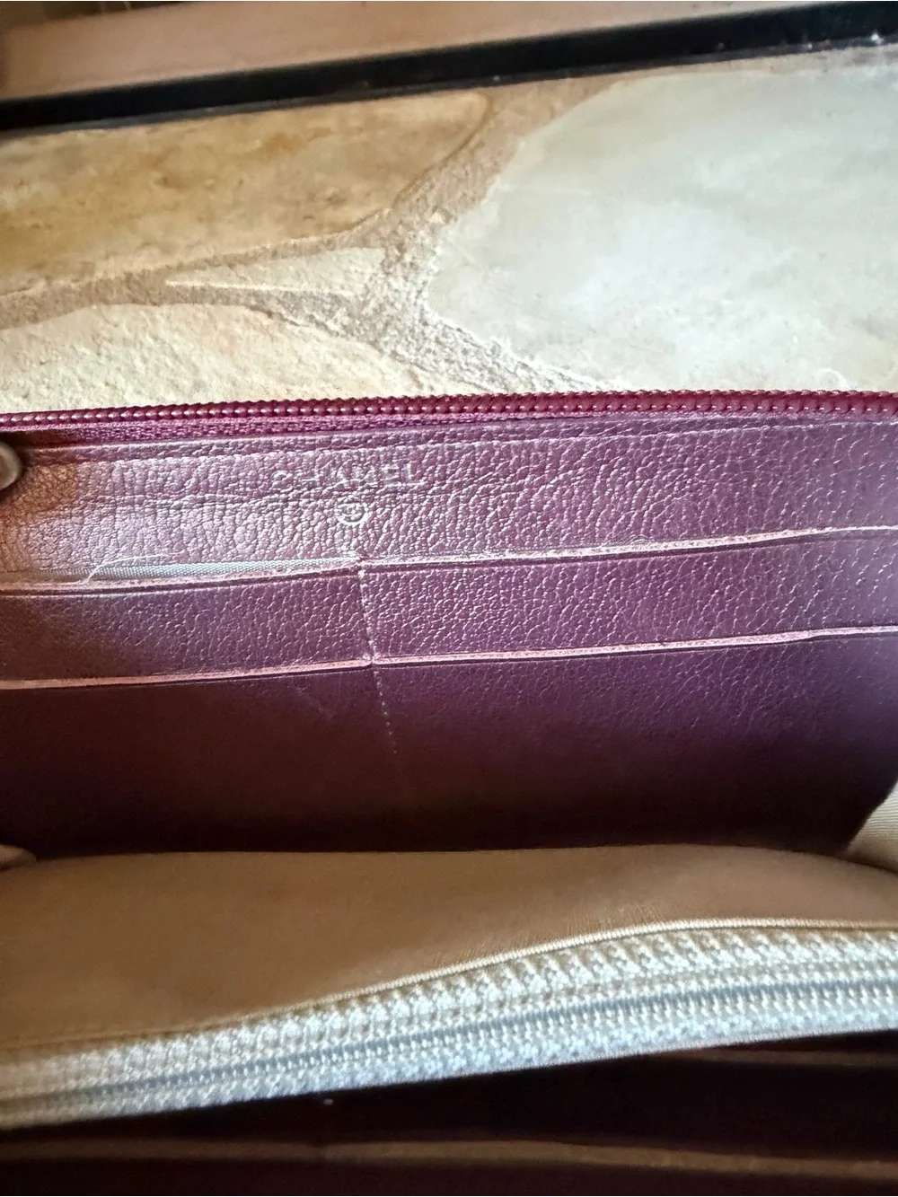 CHANEL Plum Camellia Zip Around Leather Wallet